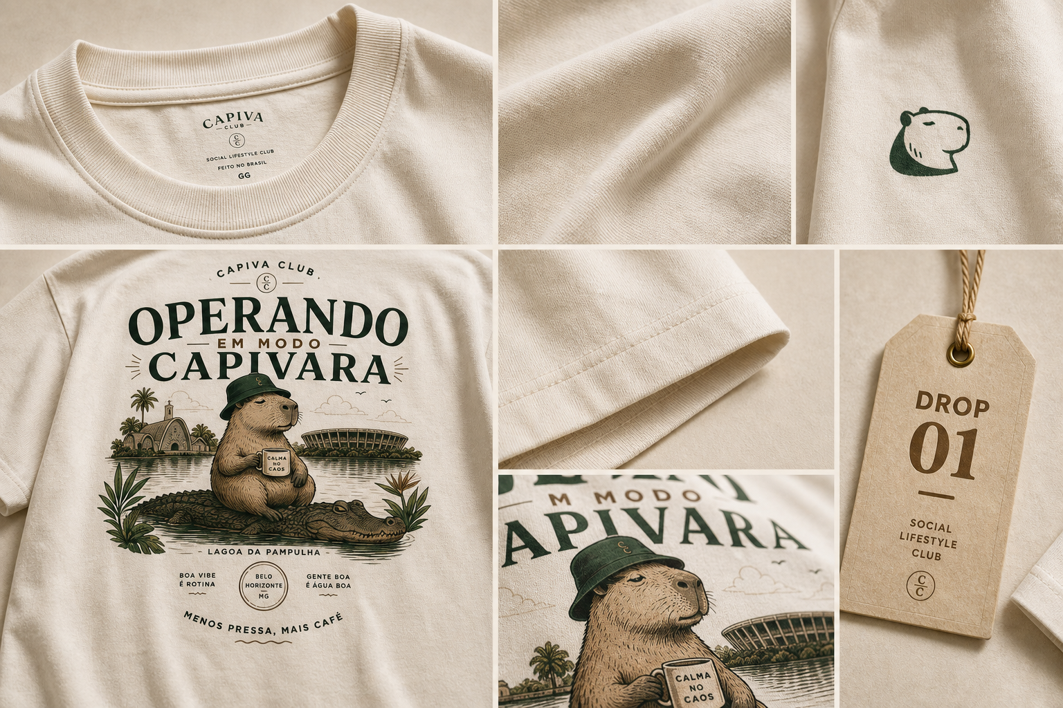Colagem com detalhes premium da camiseta Capiva Club