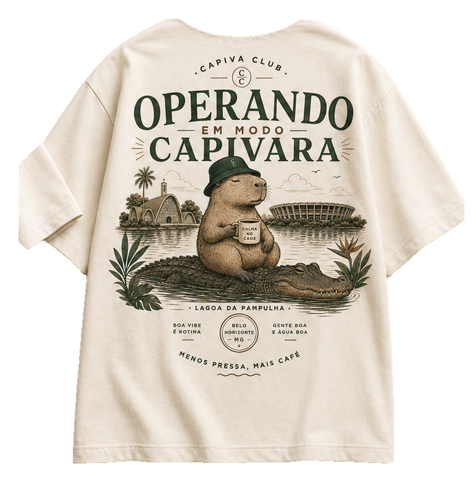 Camiseta Capiva Club vista de costas com a estampa Operando em Modo Capivara
